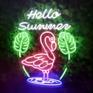 Hello Summer Yazılı Pembe Flamingo Led Neon Tabela